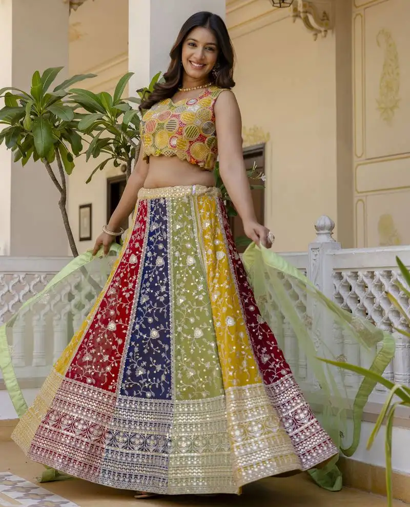 Multicolored sequins and thread embroidered georgette lehenga choli