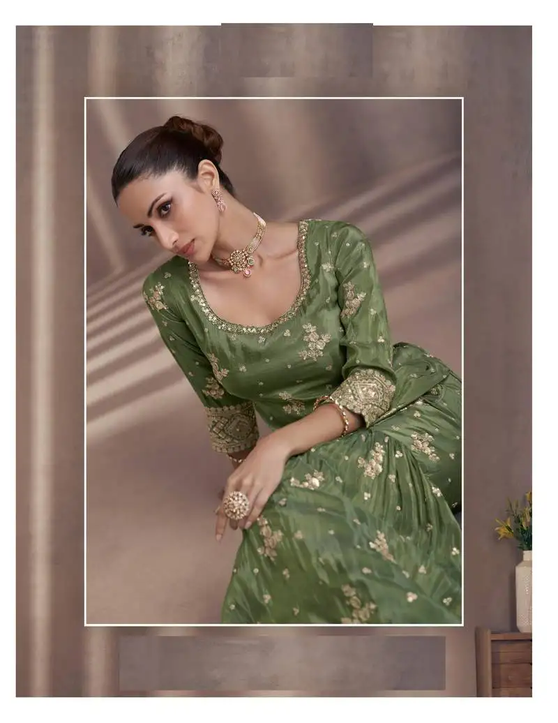 Heavy chinon semi stitched green wedding suit