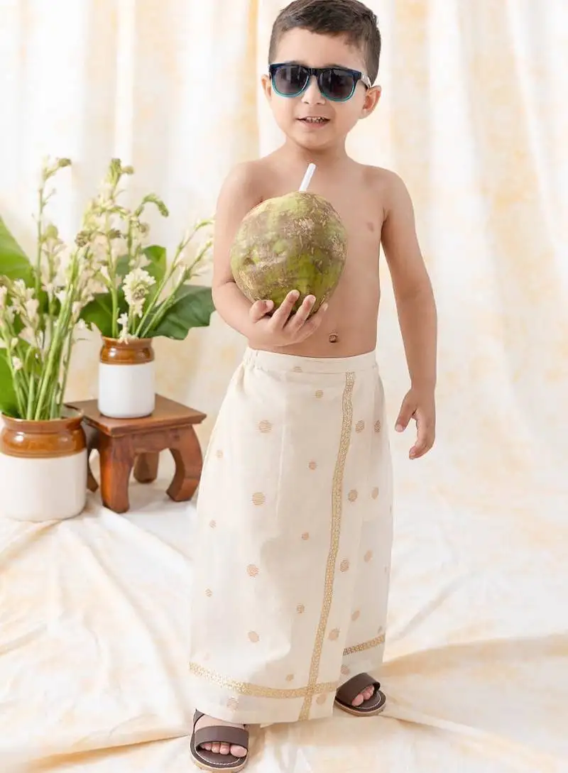 Cream printed cotton mundu