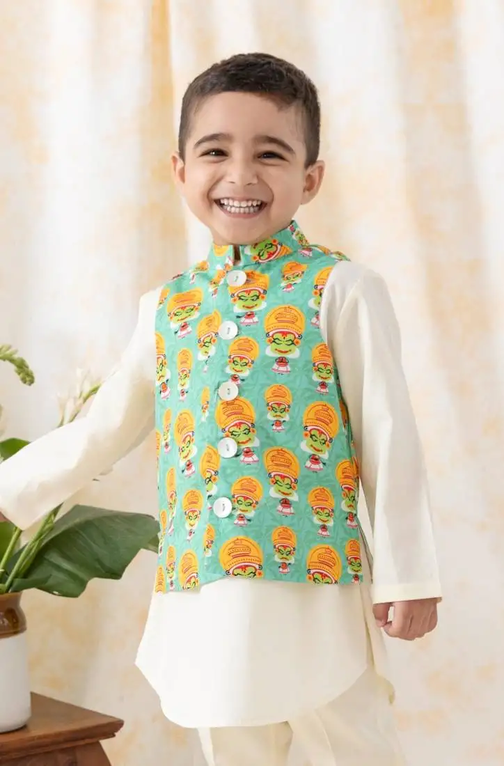 Green printed cotton nehru jacket