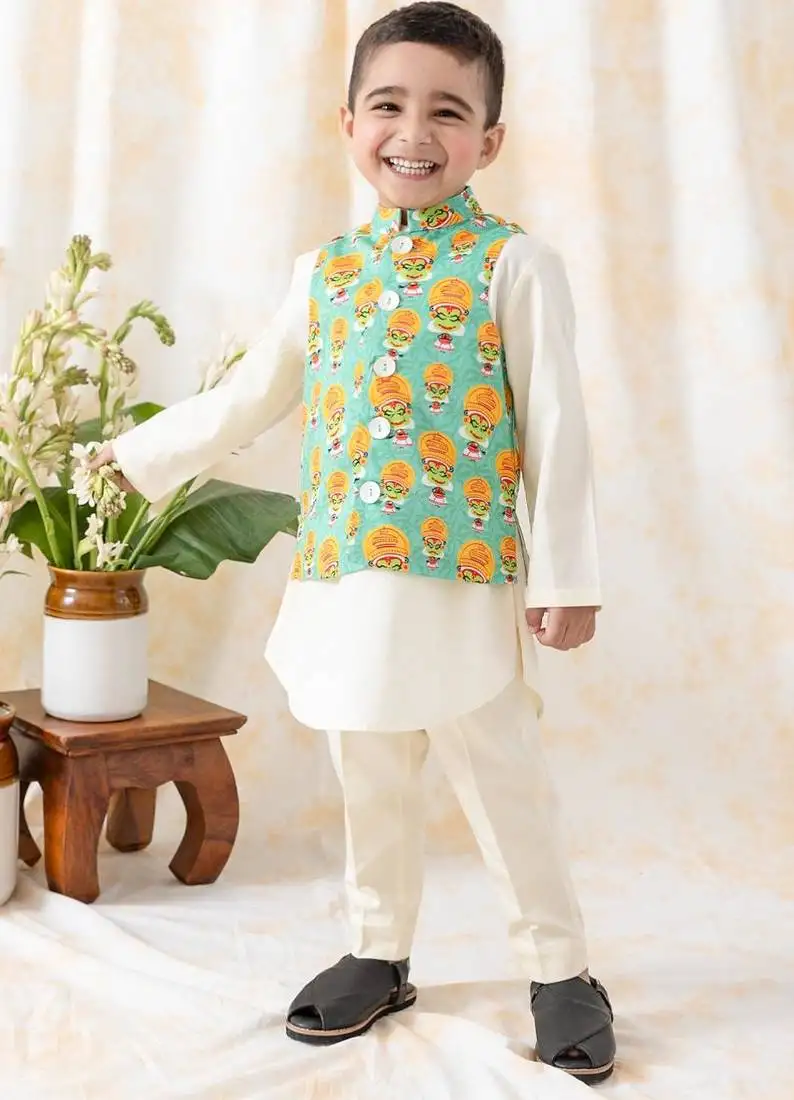 Green printed cotton nehru jacket set