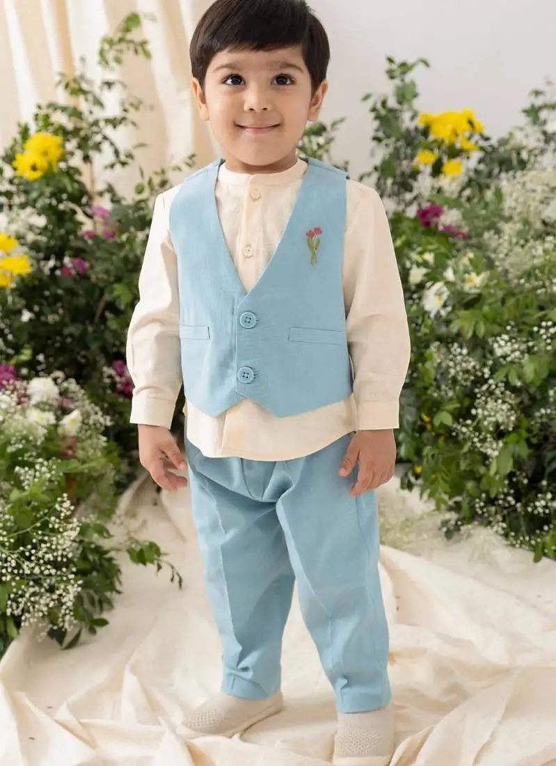 Blue embroidered cotton waistcoat set