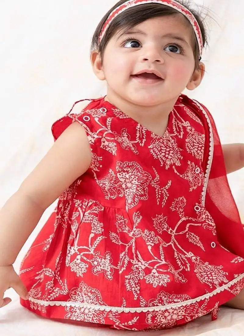 Red printed cotton kurta set