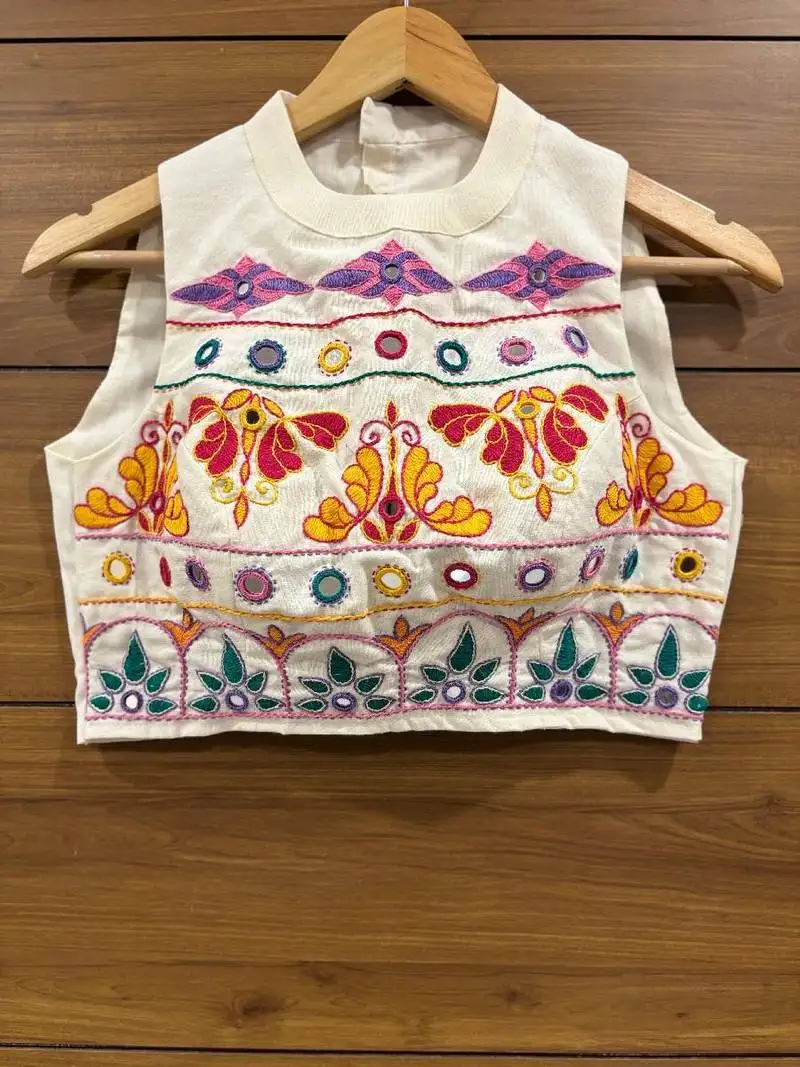 Offwhite thread hand work and real mirror hand work sleeveless blouse