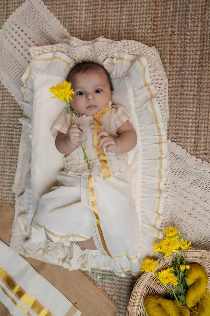 White half-sleeve mandarin collar cream with double golden kasavu stripes shirt for kids