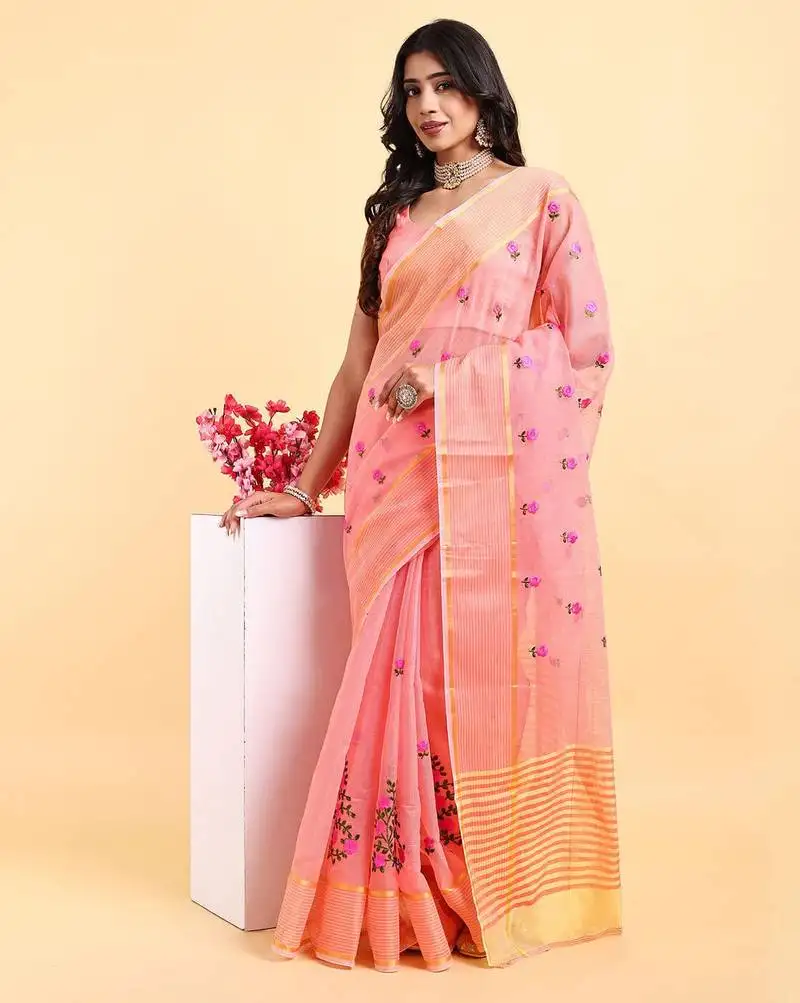 Peach supernet floral thread embroidered saree with blouse piece
