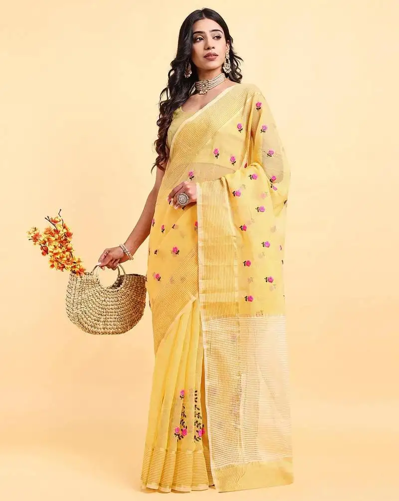 Yellow supernet floral thread embroidered saree with blouse piece