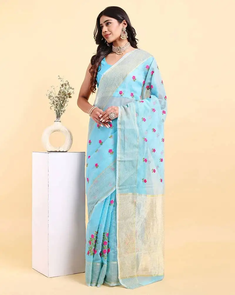 Blue supernet floral thread embroidered saree with blouse piece