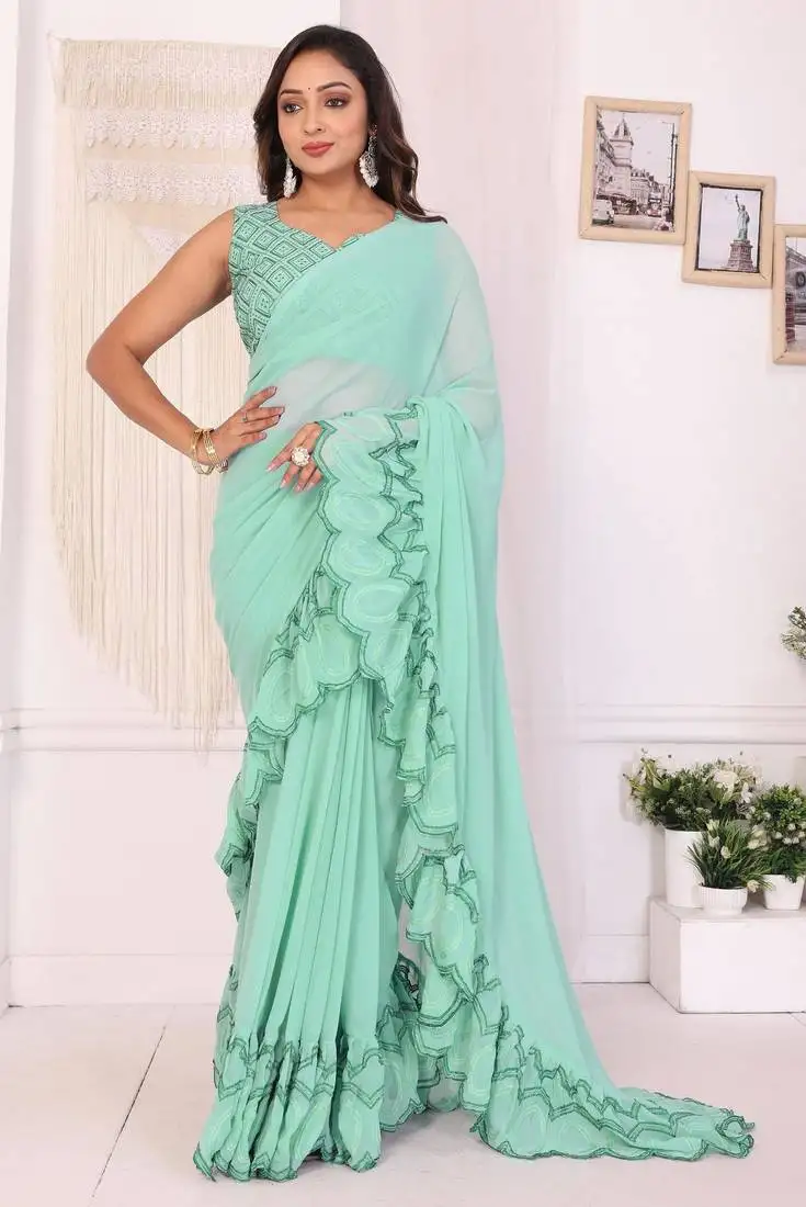 Sea green georgette ready to wear embroidery ruffle style saree with blouse piece