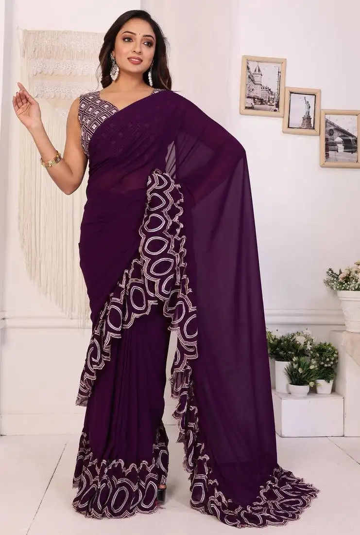 Wine georgette ready to wear embroidery ruffle style saree with blouse piece