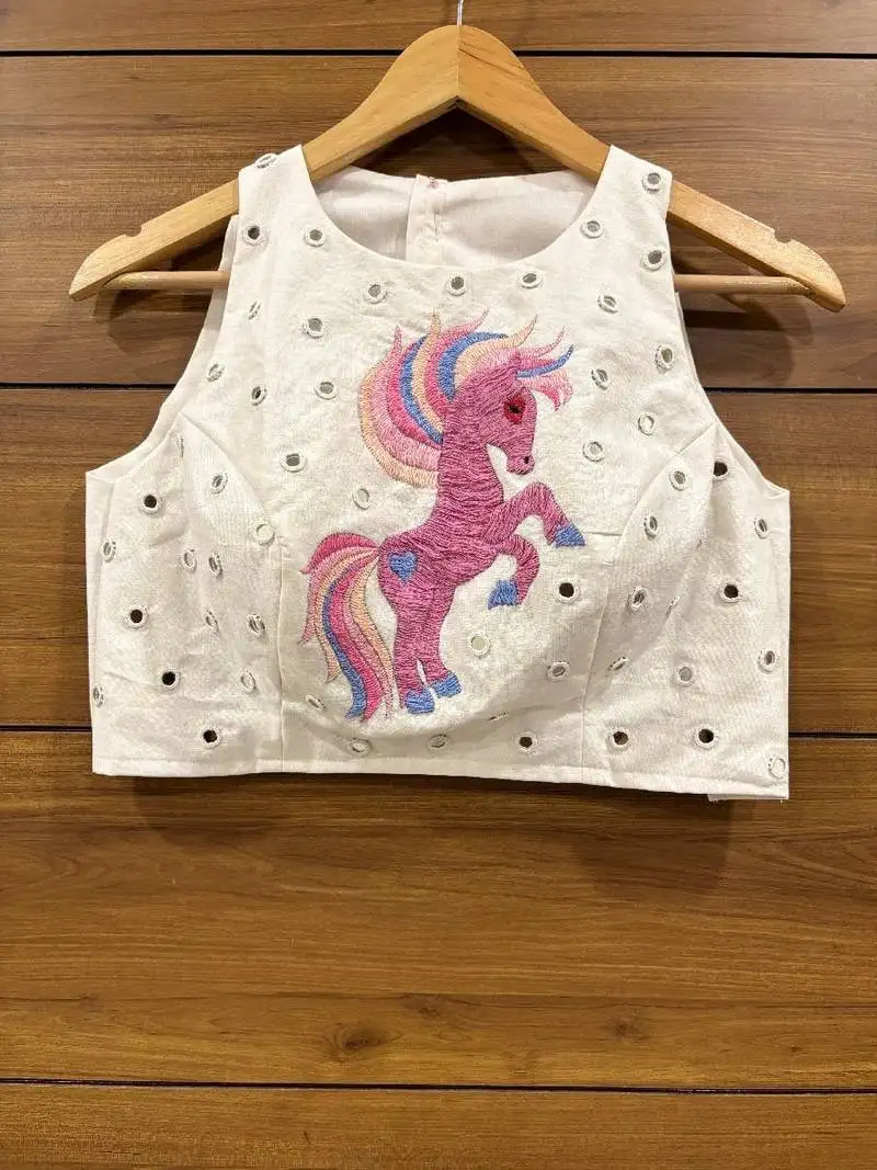 White real mirror work and handwork sleeveless blouse