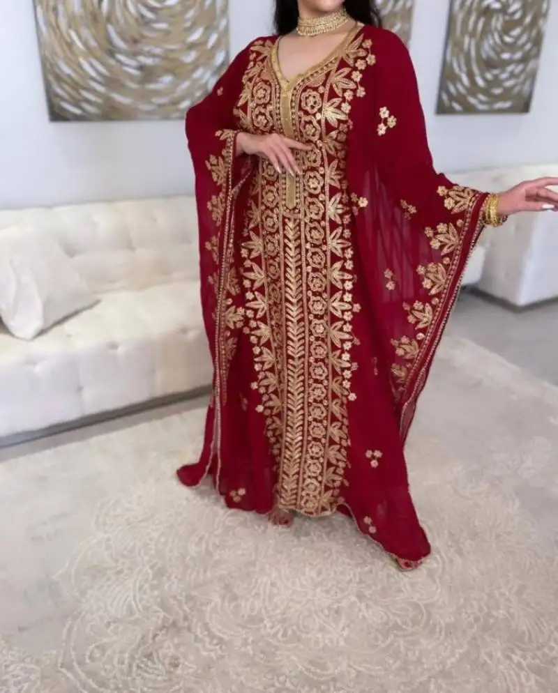 Red moroccan dubai kaftan arabic abaya dress fancy long gown