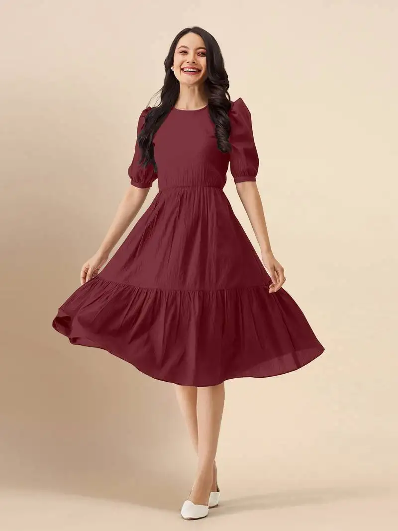 Satin cotton round neck half puff sleeve mini western dress