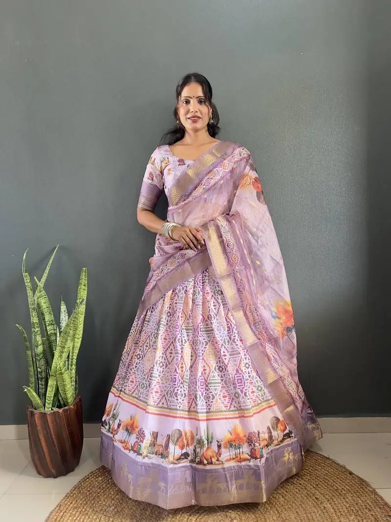Lavender soft dola cotton silk digital print lehenga choli set