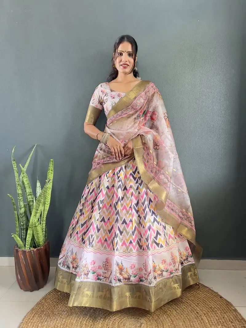 Peach soft dola cotton silk digital print lehenga choli set