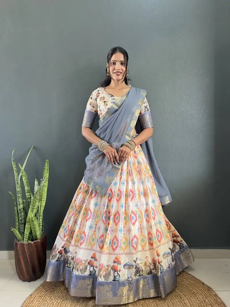 Cream and grey soft dola cotton silk digital print lehenga choli set