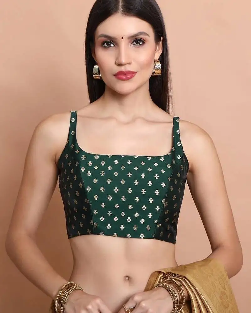 Green brocade sleeveless readymade blouse