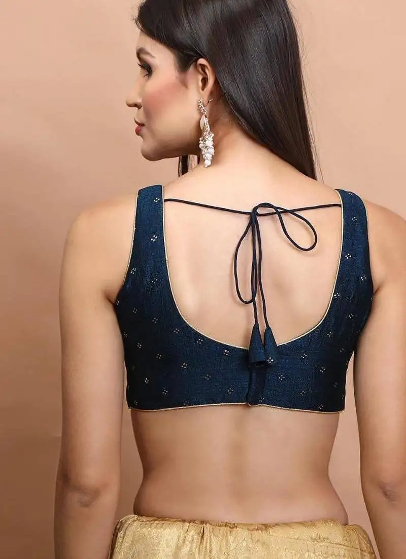 Navy blue silk sleeveless readymade blouse