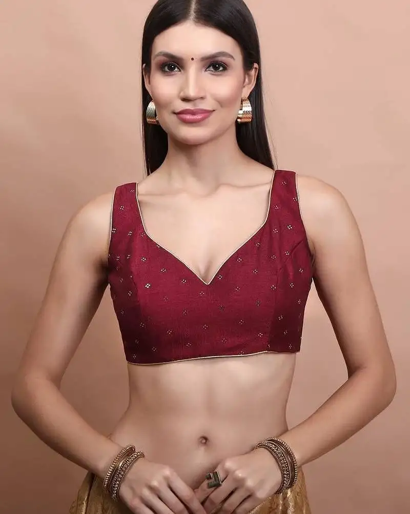 Maroon silk sleeveless readymade blouse
