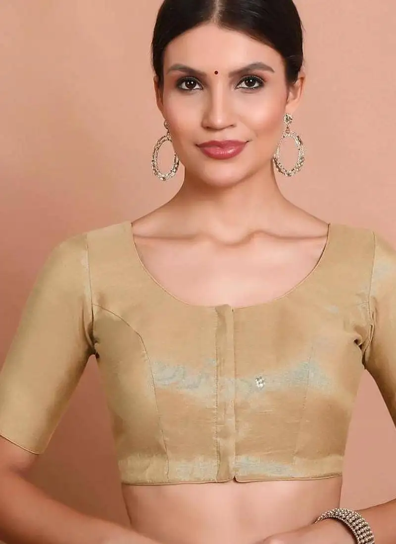 Light gold tissue round neck readymade blouse