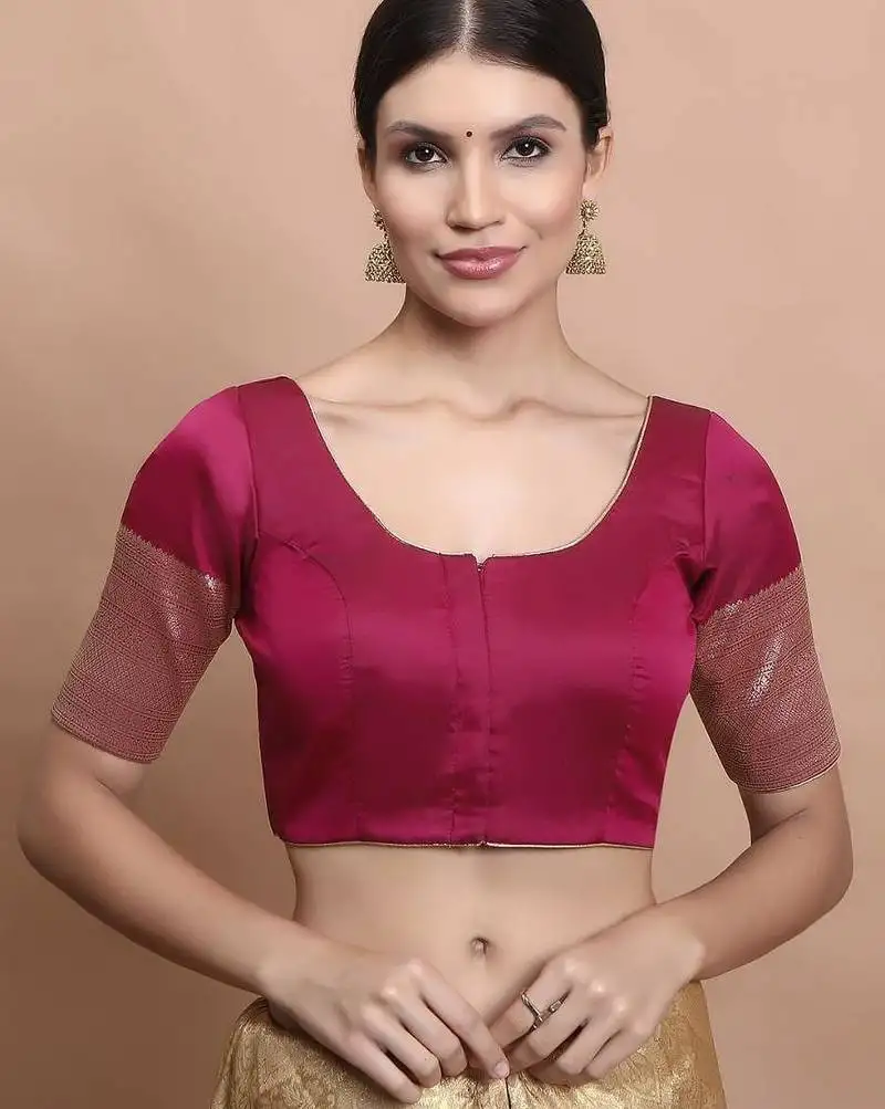 Wine silk round neck readymade blouse