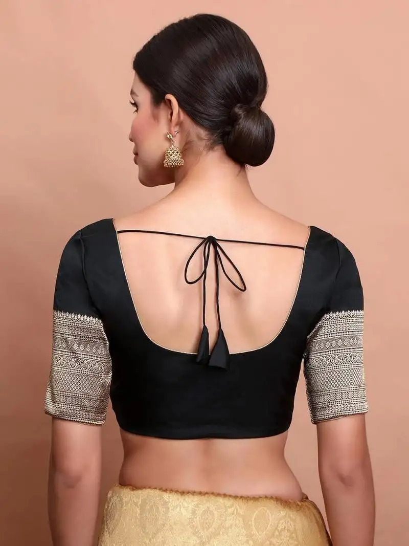 Black silk round neck readymade blouse with elbow length sleeves