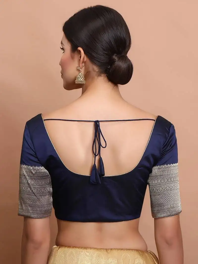 Navy blue silk round neck readymade blouse