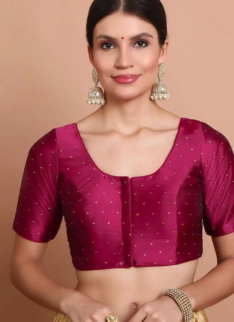 Wine silk round neck readymade padded blouse