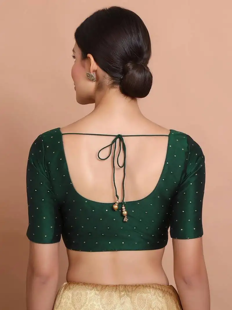 Green silk round neck readymade padded blouse