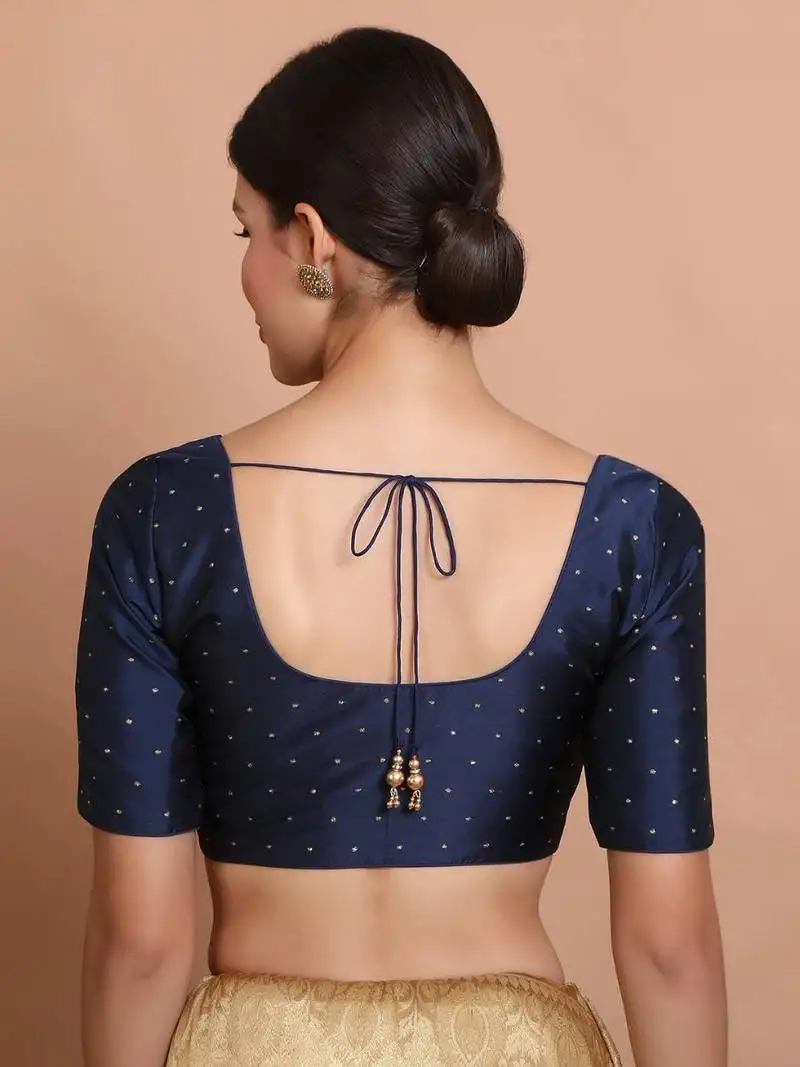 Navy blue silk round neck sleeveless blouse