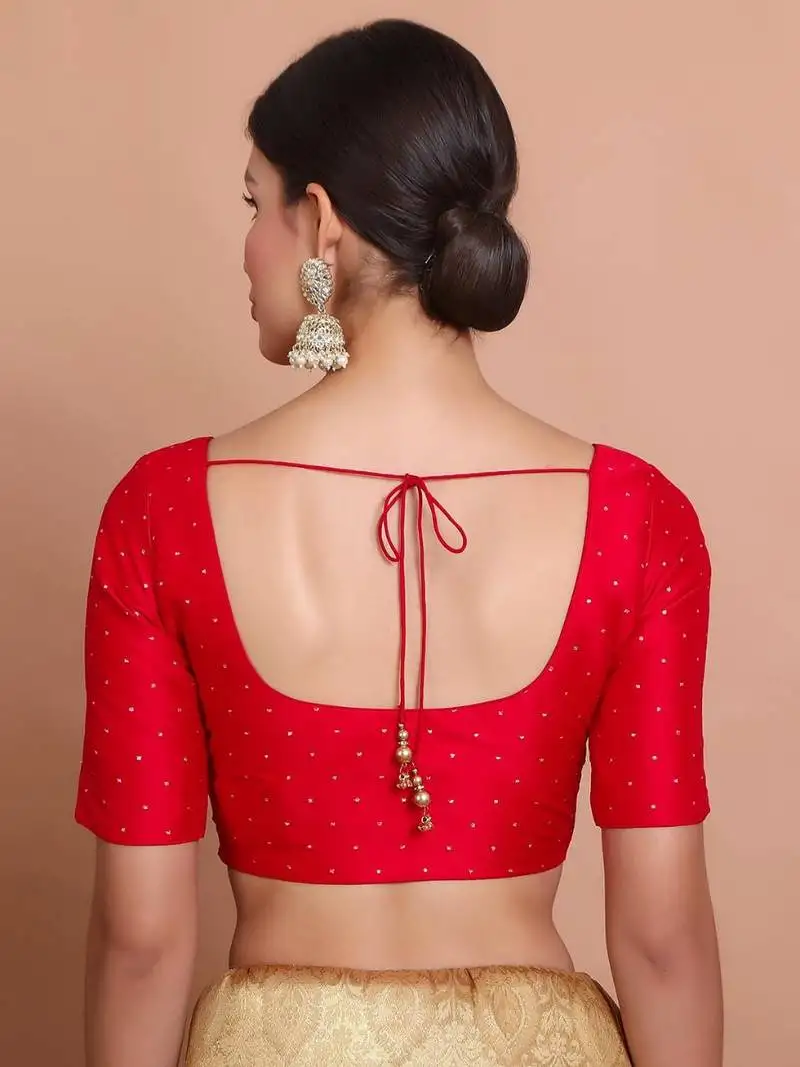 Red silk round neck readymade padded blouse