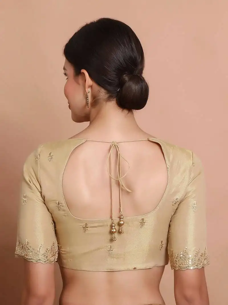 Light gold tissue round neck embroidered readymade blouse