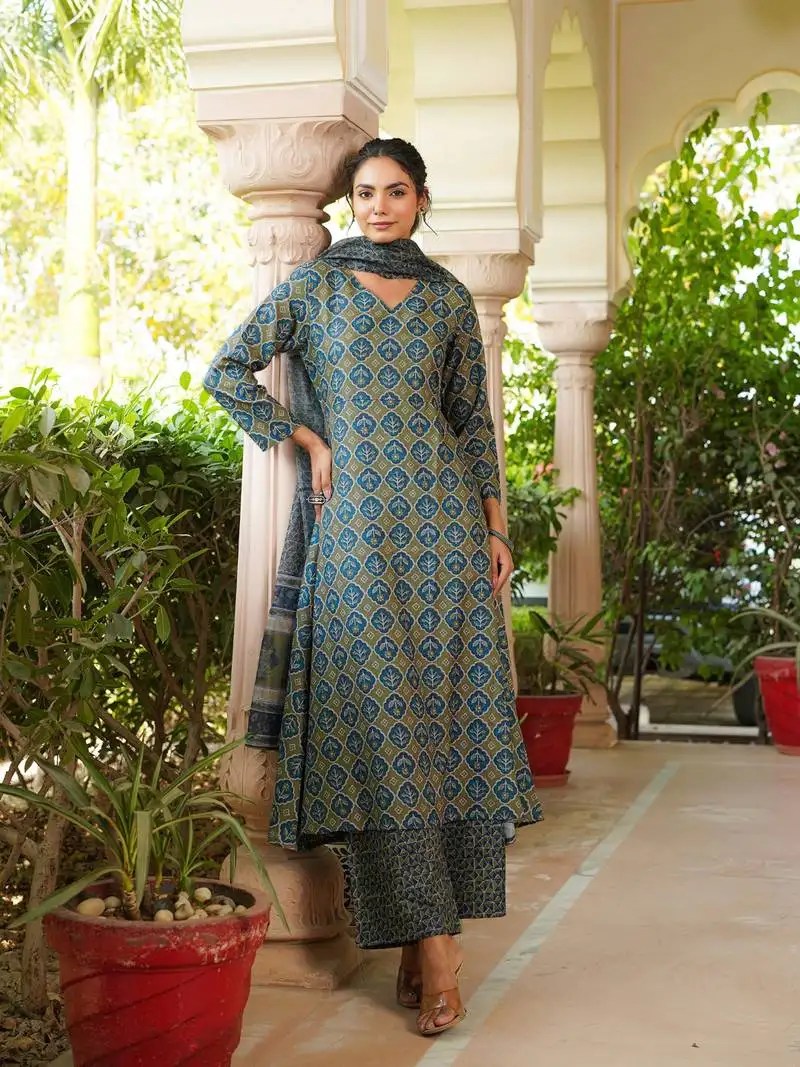 Women olive rayon blend floral printed a-line kurta palazzo with dupatta