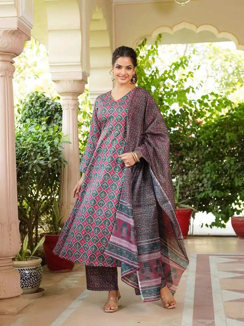 Women maroon rayon blend floral printed a-line kurta palazzo with dupatta