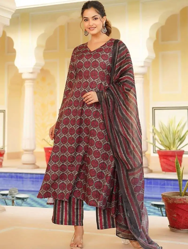 Women red rayon blend floral printed a-line kurta palazzo with dupatta