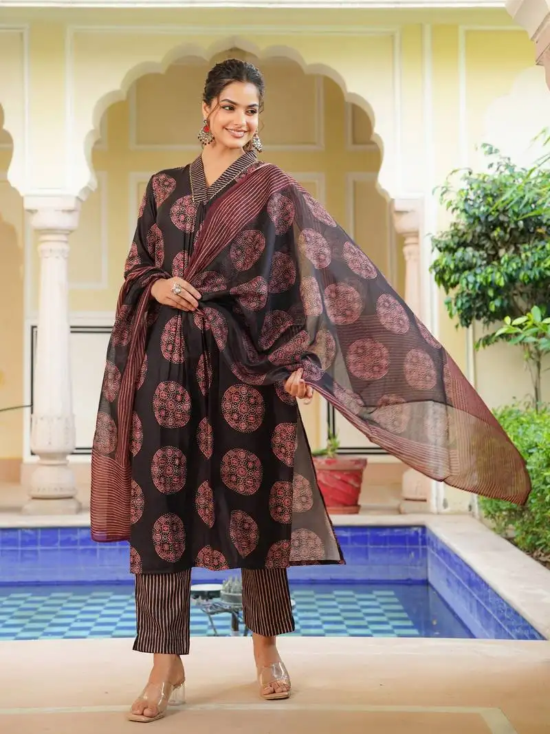 Women black rayon blend ajrakh printed straight kurta trousers with dupatta