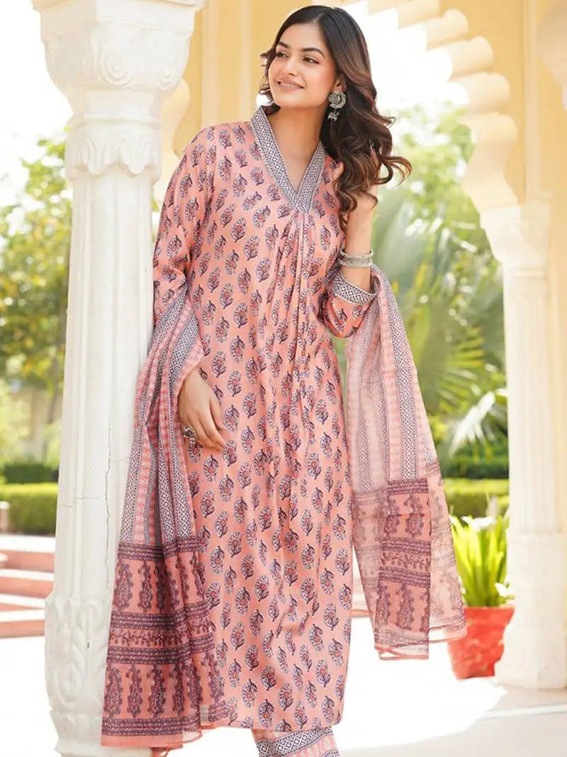 Women peach rayon blend ethnic motifs printed straight kurta trousers with dupatta
