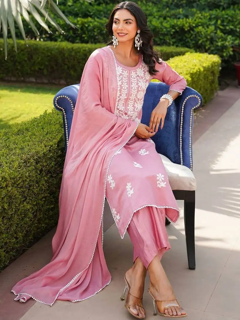 Women pink viscose solid embroidered straight kurta palazzo with dupatta