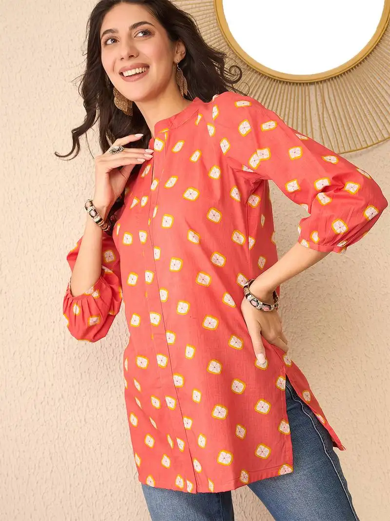 Women orange cotton blend shibori printed regular top