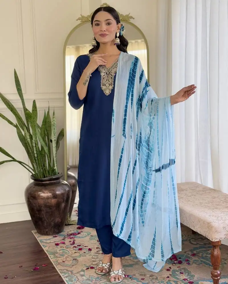 Women's viscose slub embroidered straight kurta with pant and dupatta set