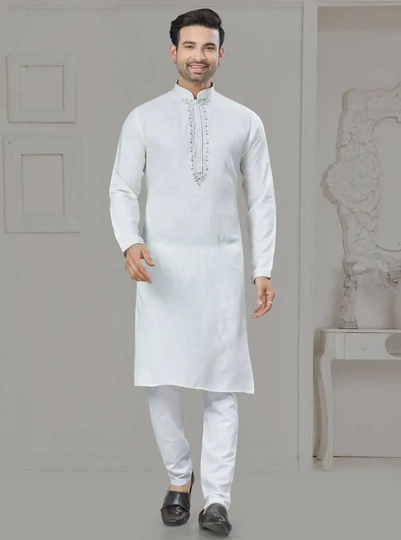 White pure cotton embroidery and pintex work kurta pyjama mens wear