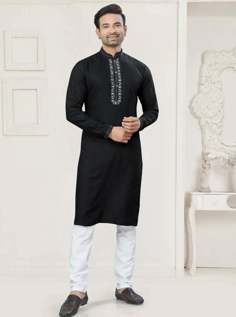 Black pure cotton embroidery and pintex work kurta pyjama mens wear