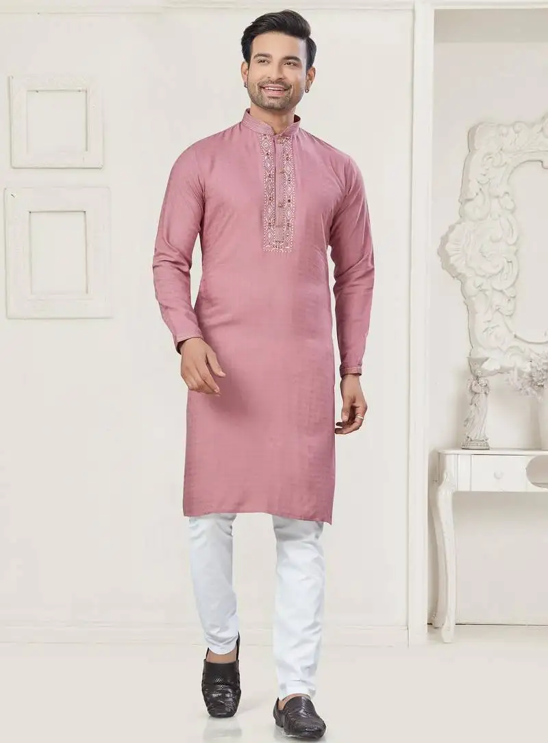 Pink pure cotton embroidery and pintex work kurta pyjama mens wear