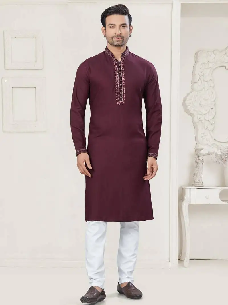 Maroon pure cotton embroidery and pintex work kurta pyjama mens wear