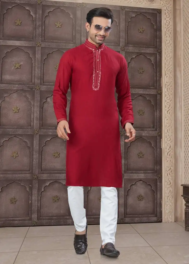 Red art silk long kurta with cotton payjama for mens wear