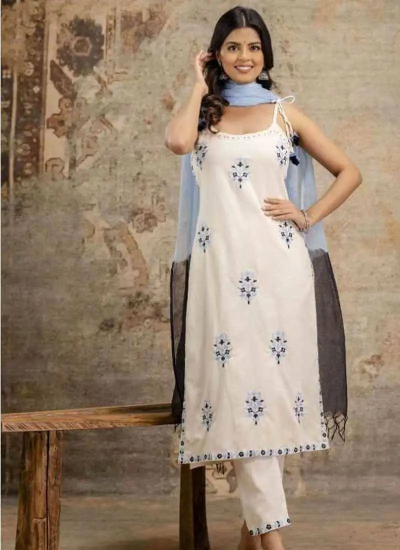 Women cotton kurta with pant and dupatta