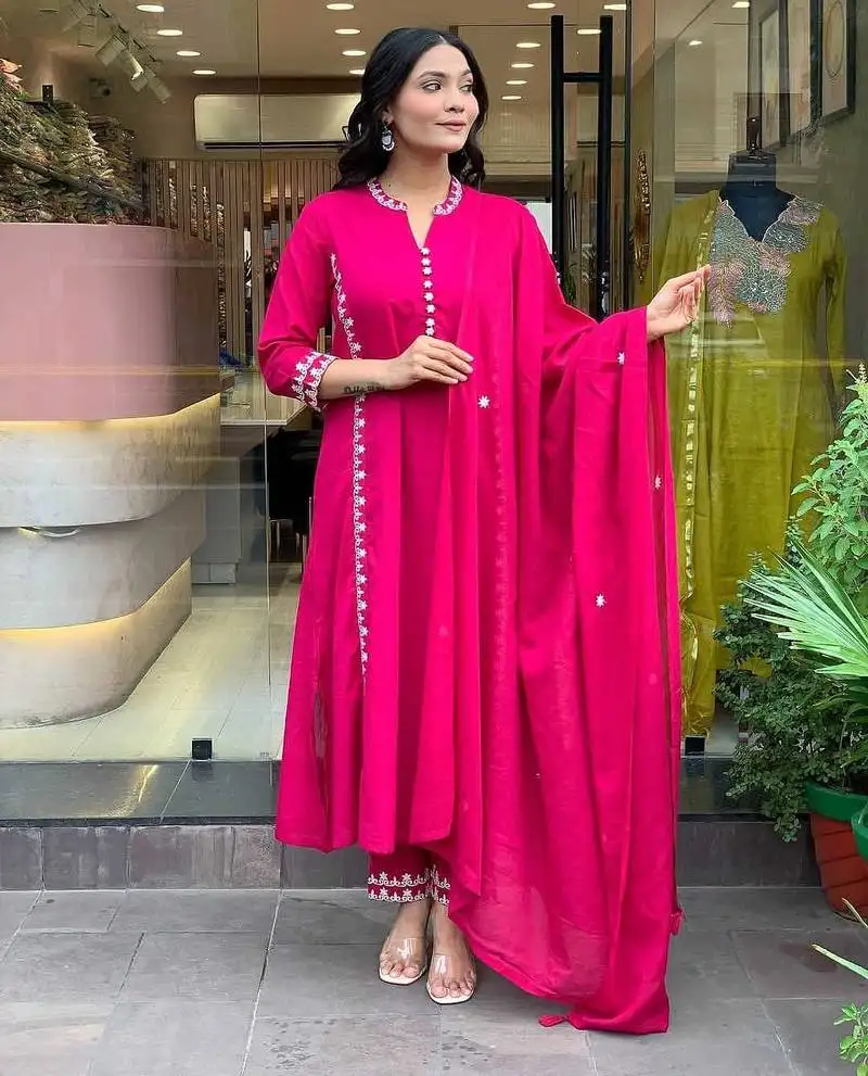 Women pure cotton embroidery kurta with pant and dupatta