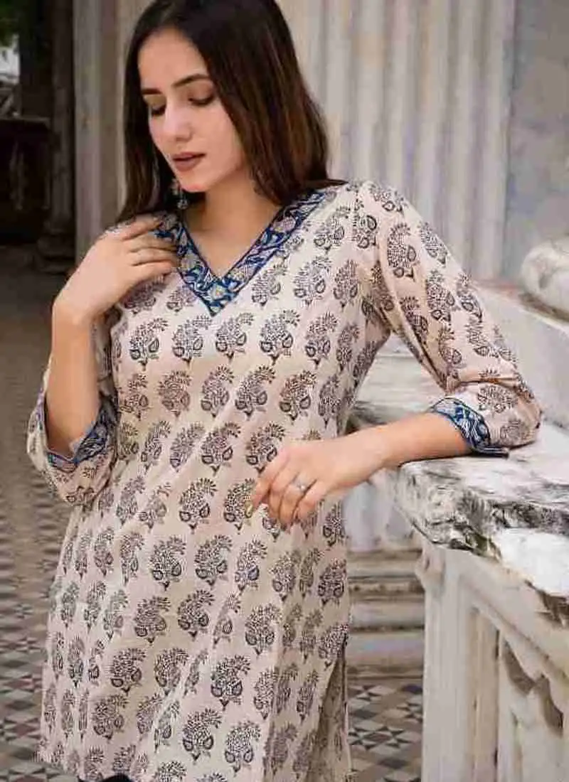 Cream floral print rayon ethnic top for women & girls