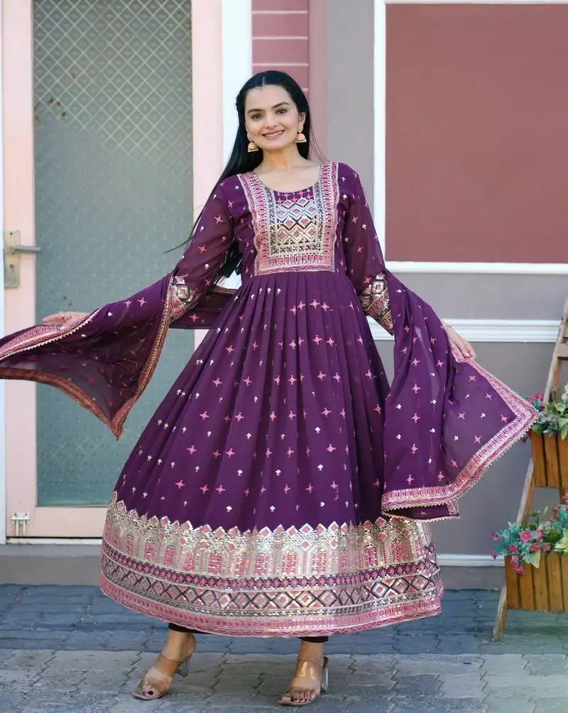 Flarred purple heavy fox georgette suit with sequence embroidered work