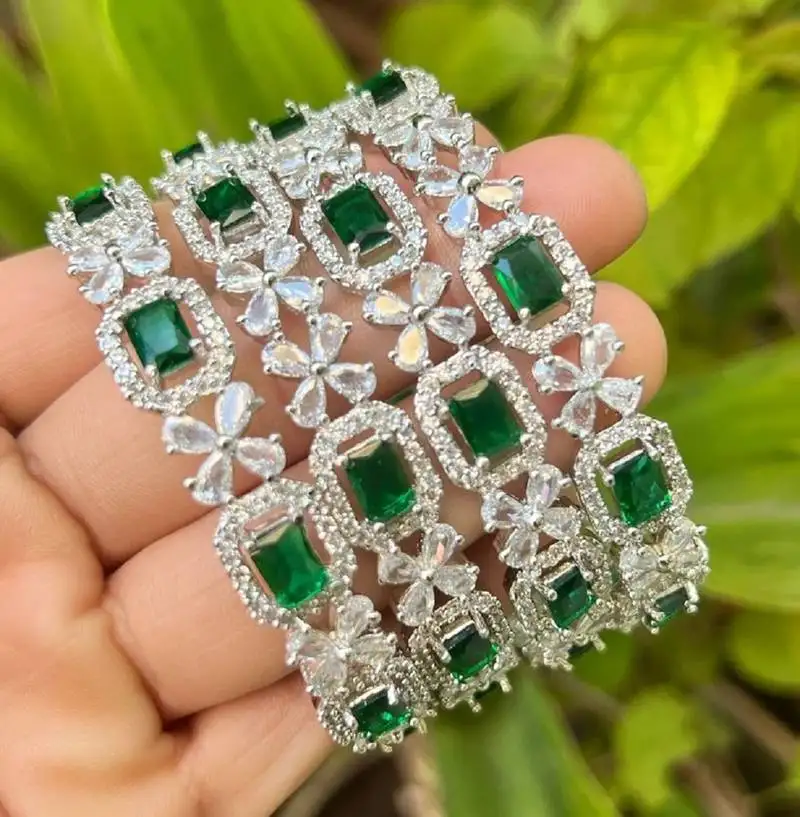 Green american diamond cz beaded bangle set